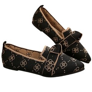 Pointed Bow Top Knit Contrasting Print Ballet Flat Casual Loafer Slip-on Shoes